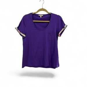 Burberry Purple Scoop Neck Tee with Plaid Cuff